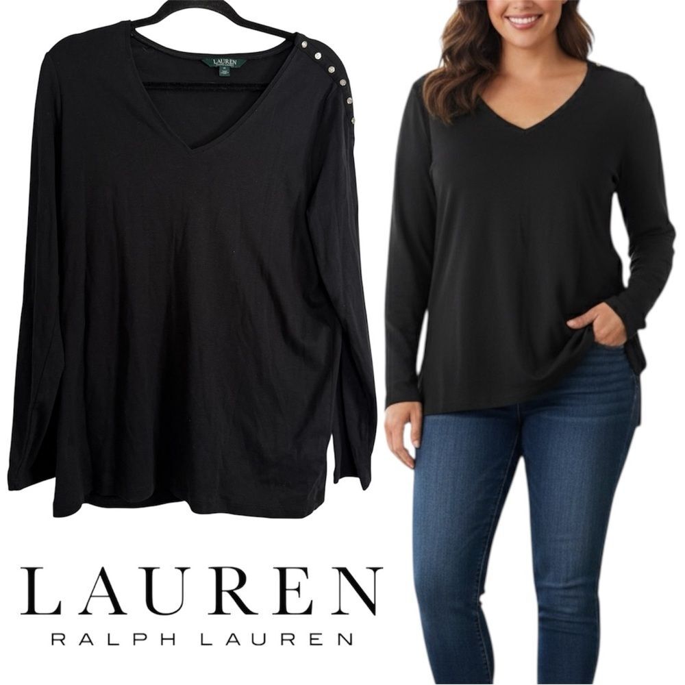 Lauren Ralph Lauren Black V-Neck Sweater with Button Shoulder Details 1X